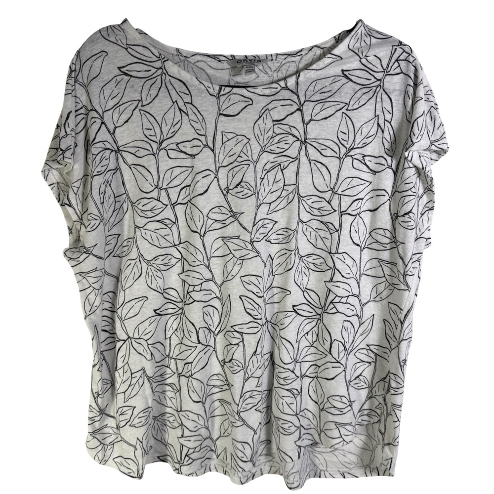 Orvis Classic Collection Linen Blend Botanical Leaf Print Scoop Neck Top XL
